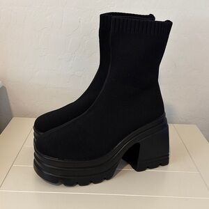 Black Stretch Knit Platform Ankle Boots - Women's Chunky Heel